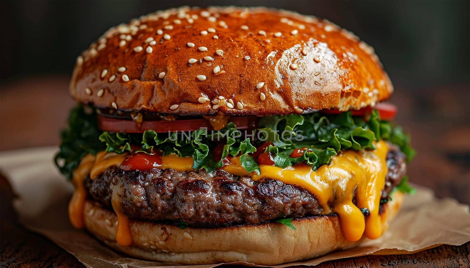 double cheeseburger with lettuce, tomato, onion, and melted american cheese with panoramic composition Copy space. Delicious fresh Fast food meat burger close up