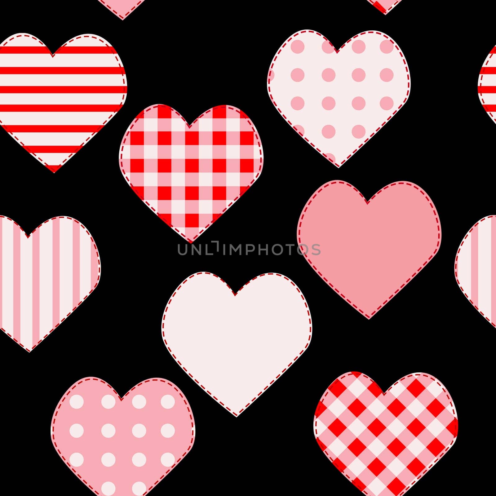 Love seamless pattern with pink patchwork hearts on black background