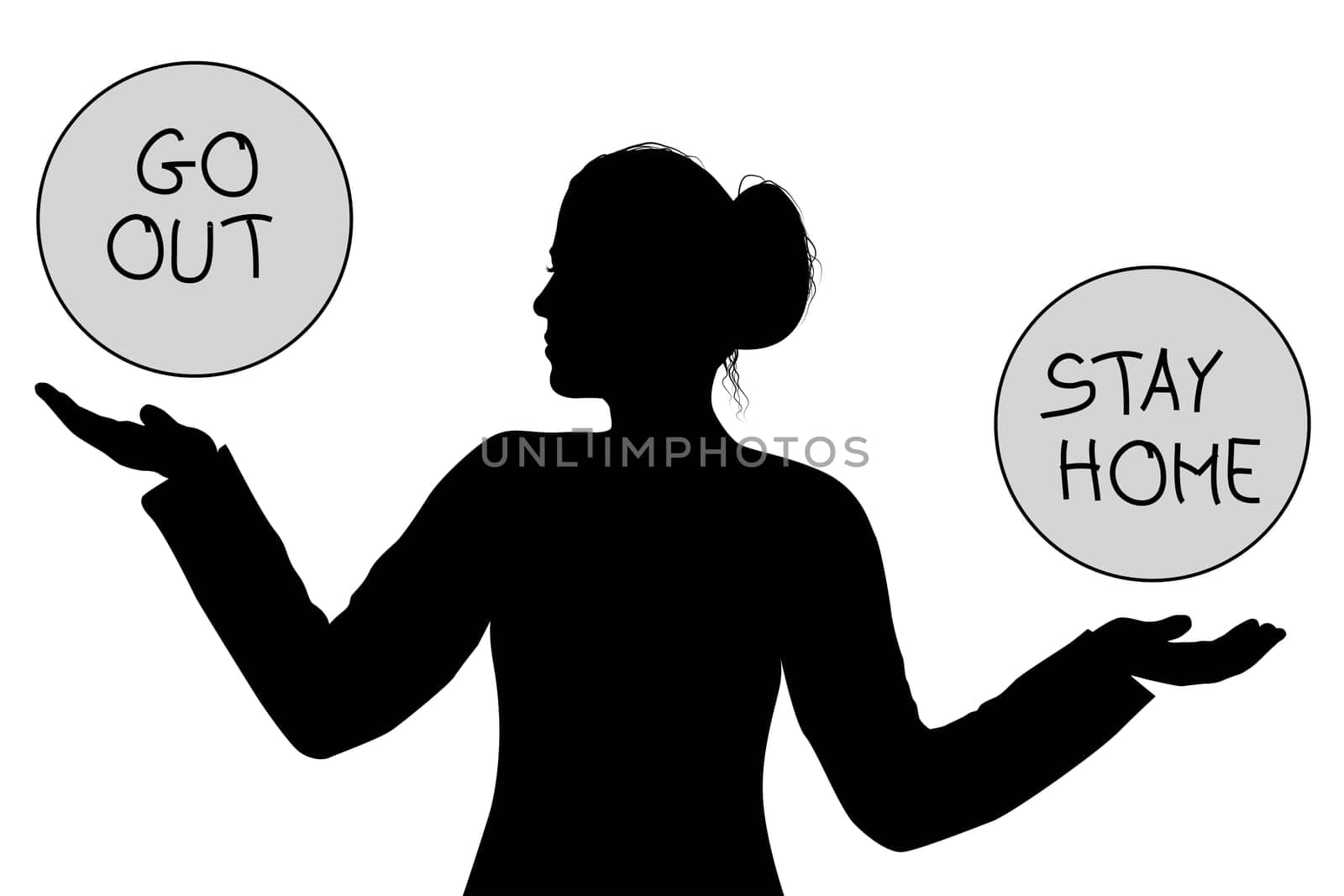 GO OUT versus STAY HOME concept with woman who has to choose between going out or staying at home 
