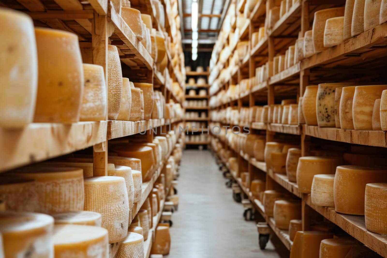 Parmesan cheese aging on shelves in factory warehouse, cheese production concept