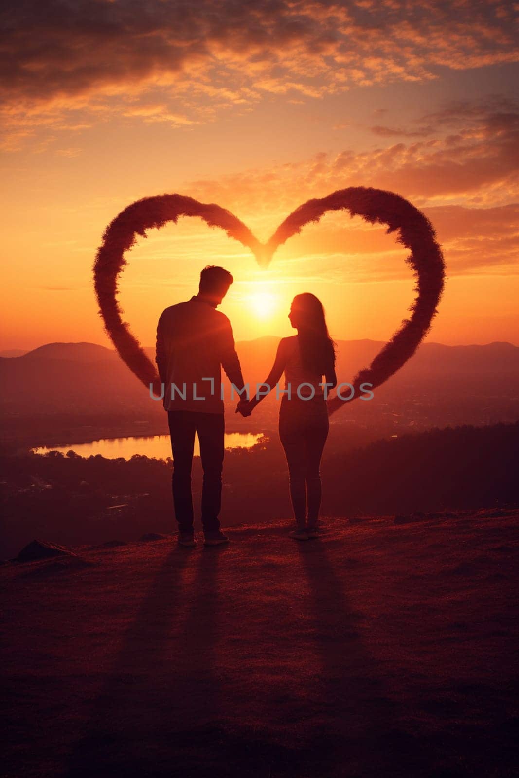 Joyful young couple celebrating Valentine's Day. man and woman holding heart in hands. holiday selective focus. Generative AI,