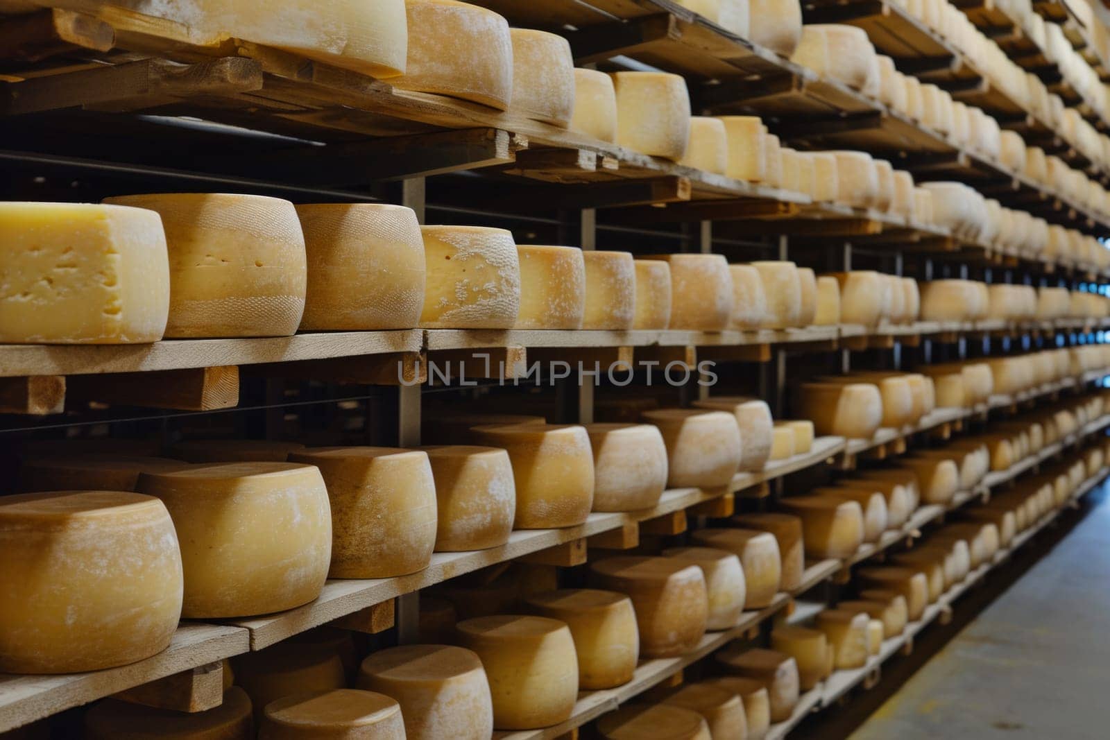 Parmesan cheese aging on shelves in factory warehouse, cheese production concept