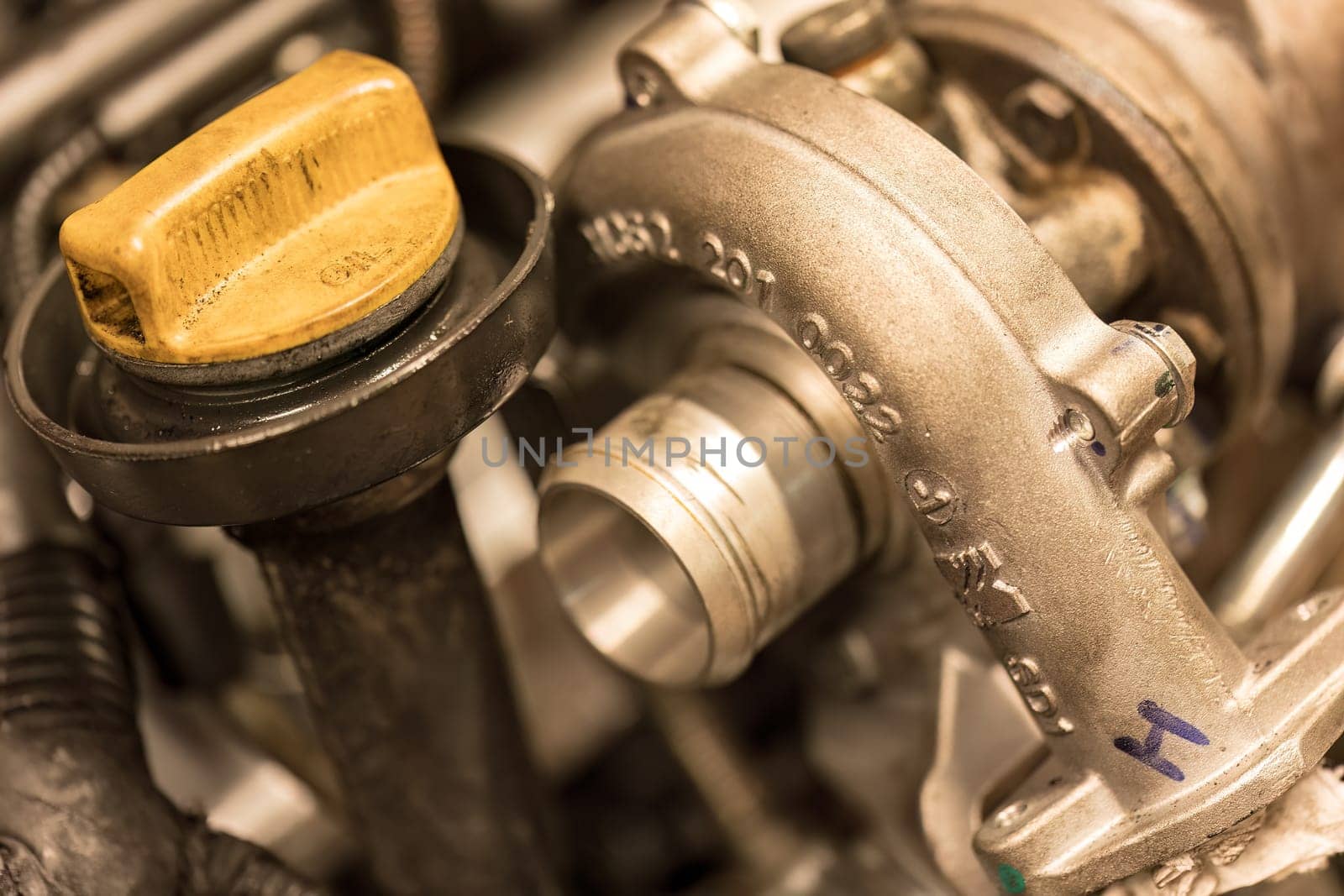 Detailed photo of a diesel engine's turbine, emphasizing the concept of specialized diesel pump repair.