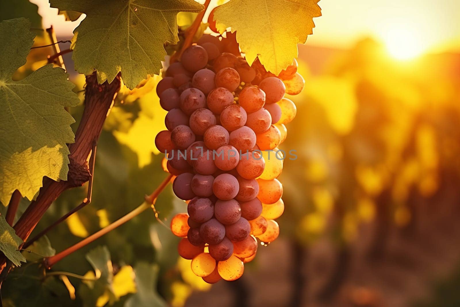 Vineyards and winery with landscape on sunset background, grapes on foreground