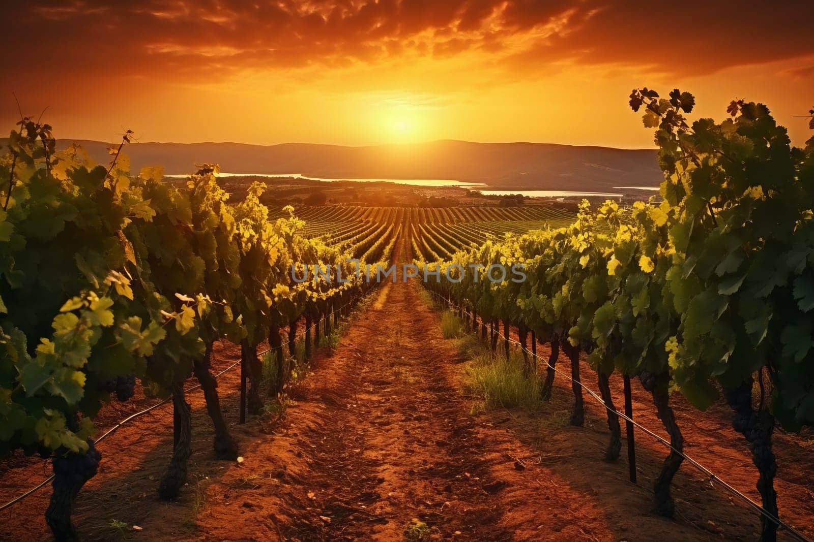 Vineyards and winery with landscape on sunset background
