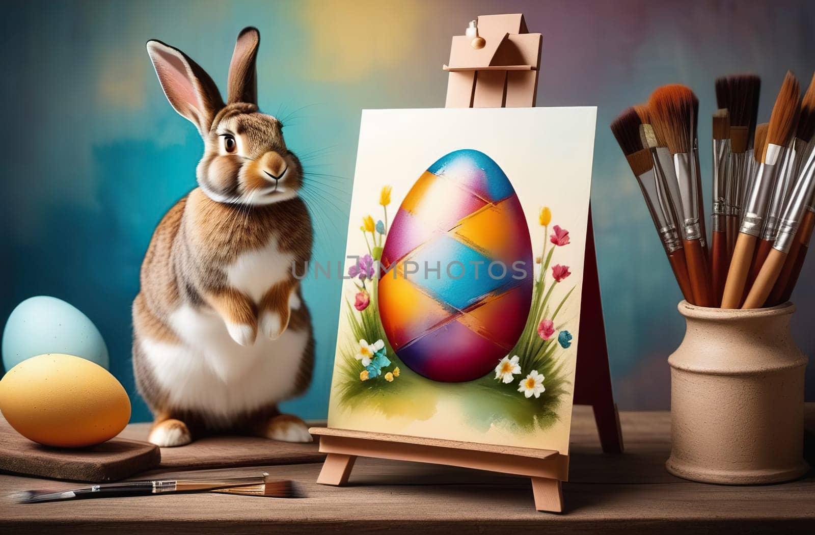 Happy easter card. Cheerful Easter bunny paints Easter eggs with bright colors by Proxima13