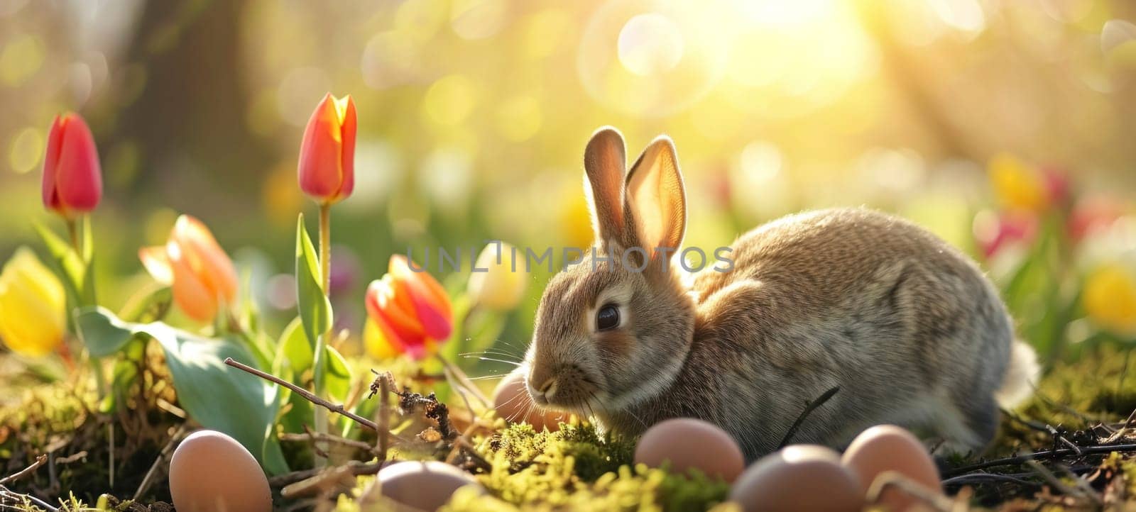 Springtime Bunny in Sunlit Flower Garden with Easter Eggs by andreyz