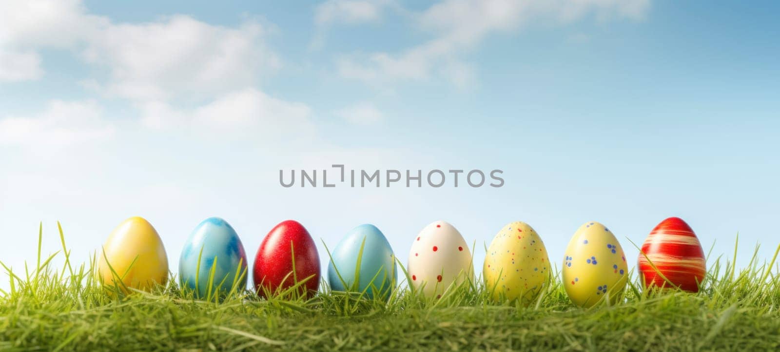 A row of colorful painted Easter eggs sitting in lush green grass under a clear blue sky, representing joy and festivity of the Easter holiday.