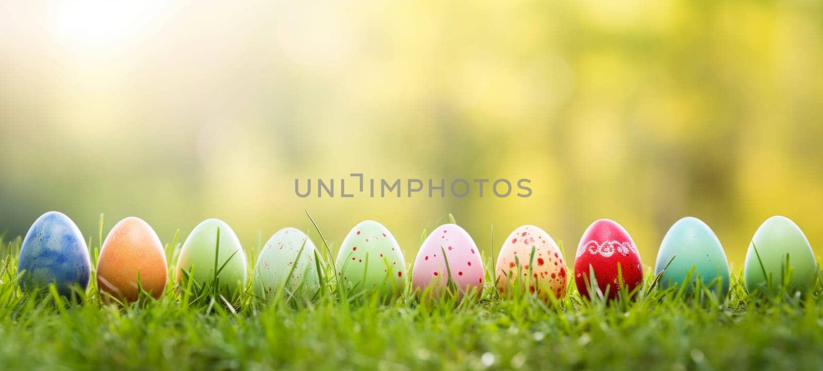 A row of colorful Easter eggs, delicately decorated, nestled in vibrant spring grass against a blurred sunny background.