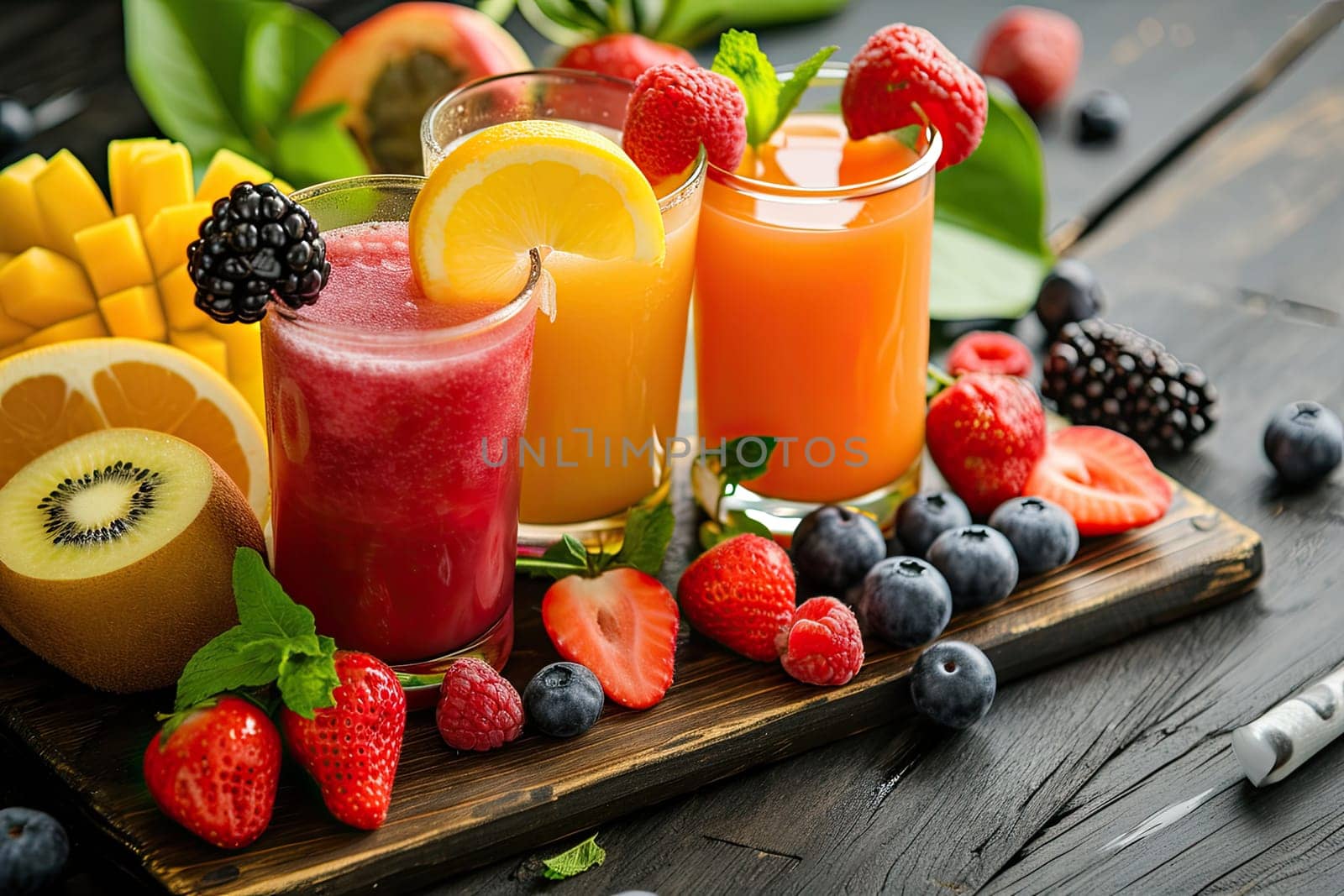 Mixed fruit with Berry and vegetables smoothie, healthy juicy vitamin drink diet or vegan food concept by papatonic