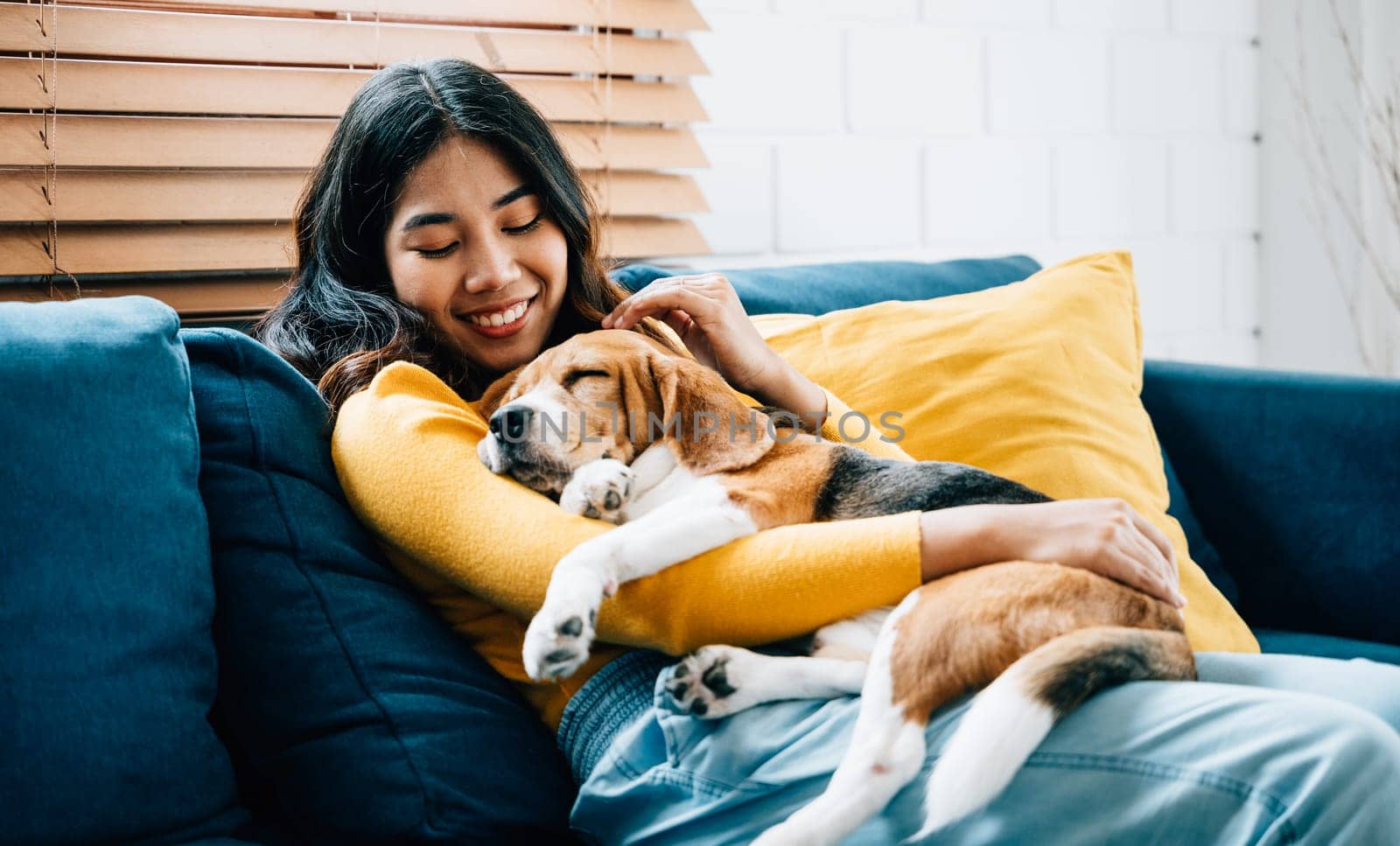 In a cozy home setting, an Asian woman and her Beagle puppy nap together on the sofa in their living room. Their bond is a beautiful portrayal of trust, togetherness, and happiness. Pet love by Sorapop