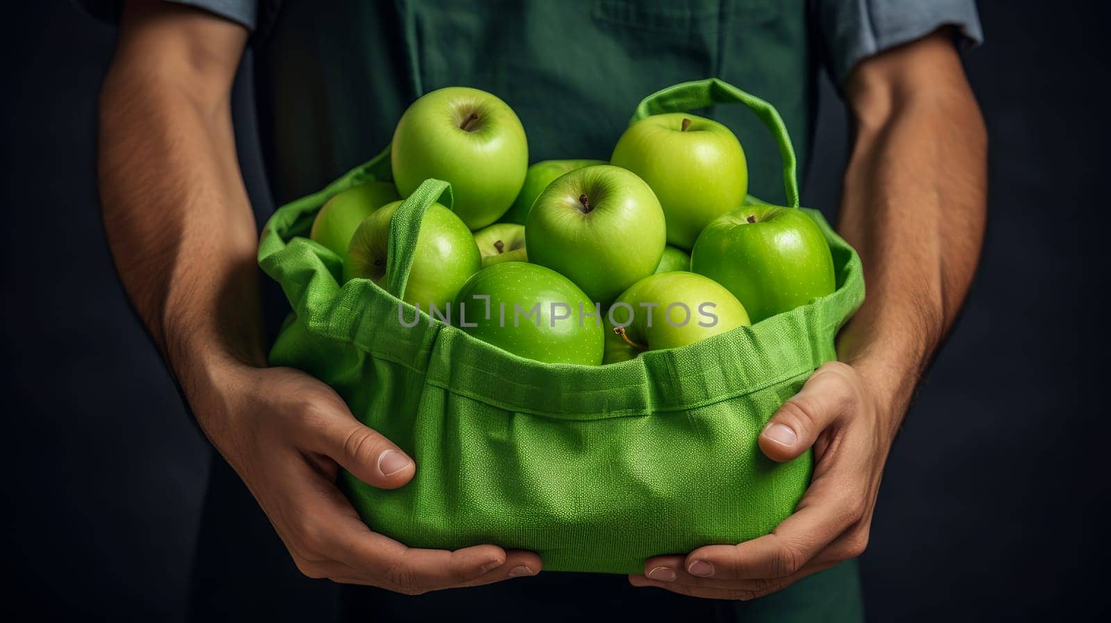 A man holds in his hands a large number of green apples in a bag made of natural fabric. by Alla_Yurtayeva