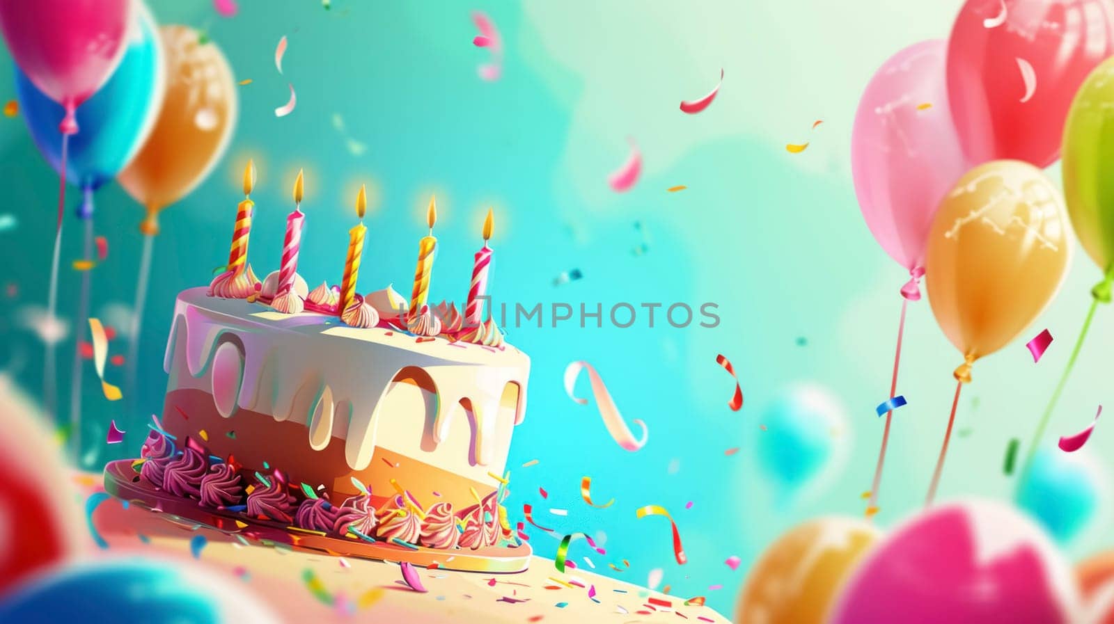Birthday background with birthday cake with birthday candles and colorful balloon. Birthday card.