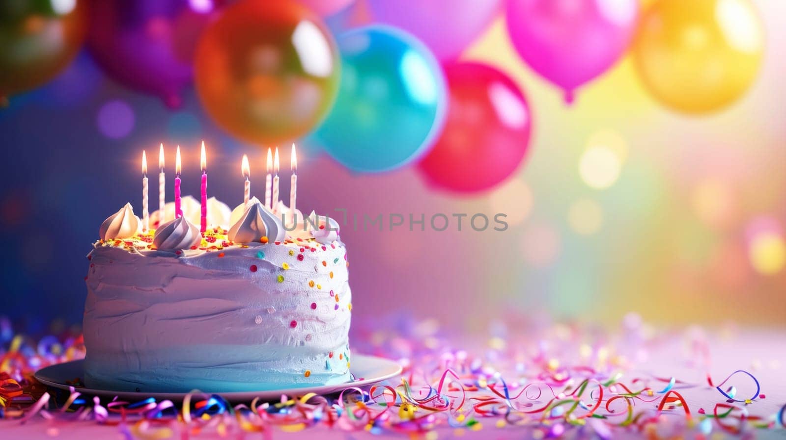 Birthday background with birthday cake with birthday candles and colorful balloon. Birthday card.