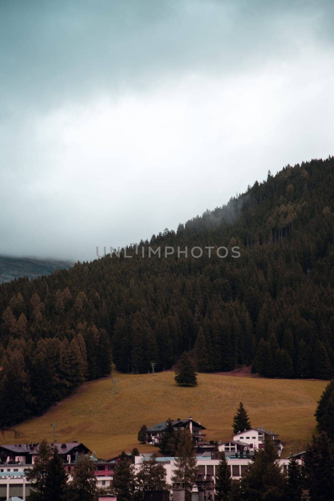 Autumn Whisper: A Serene Alpine Village on the Forest's Edge, Enveloped by Mist and the Quiet of Coming Winter. High quality photo