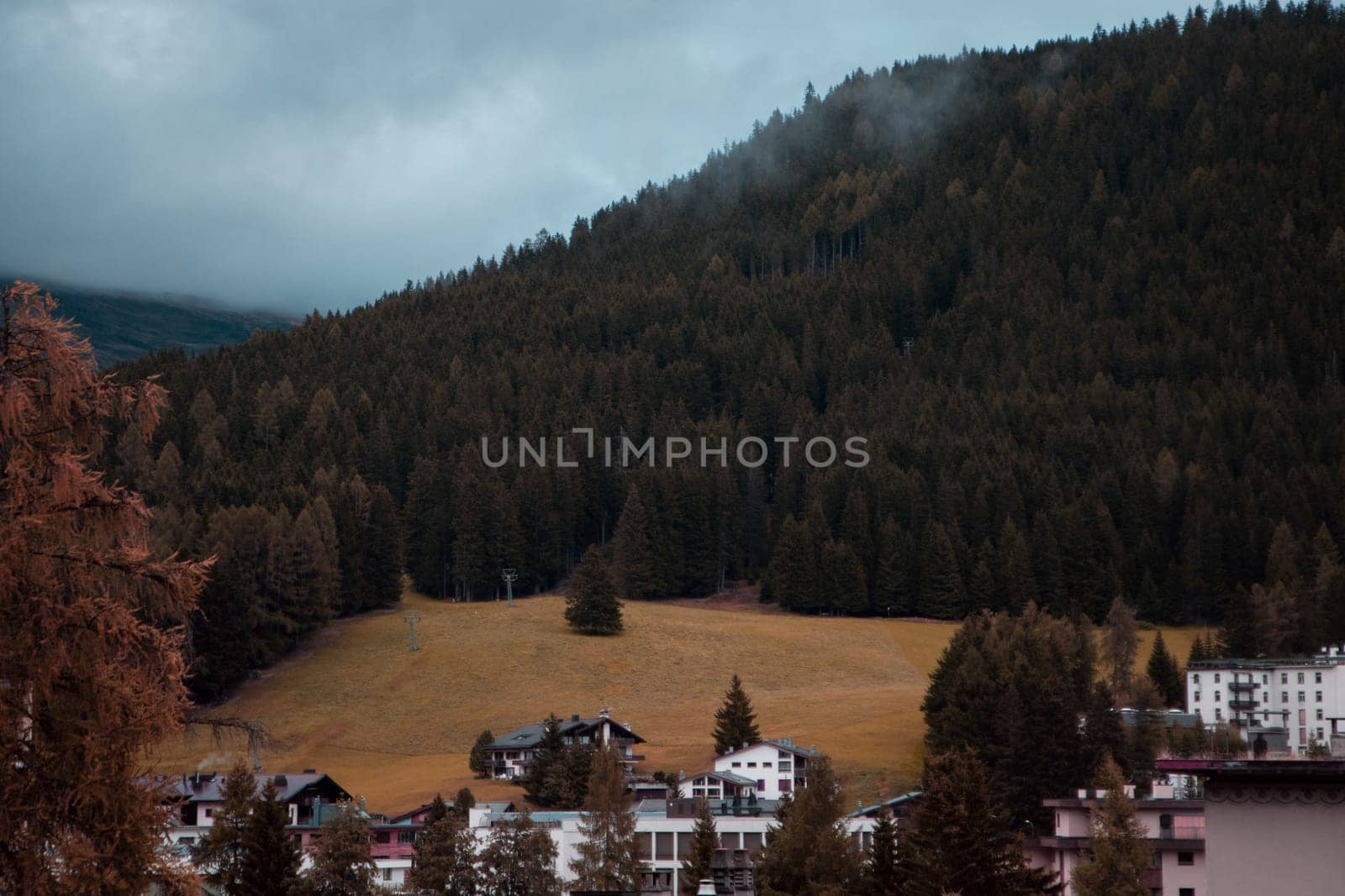 Seasonal Shift: Alpine Village Awaits Winter's Cloak Beneath a Canopy of Autumnal Pines. High quality photo