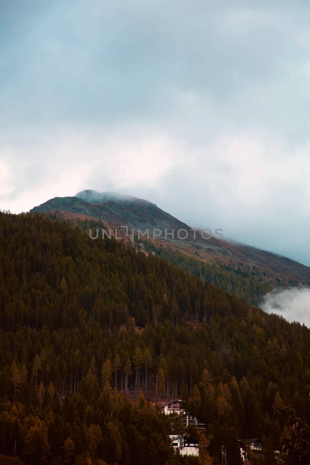Alpine Serenity: A Mist-Clad Mountain Peaking Above a Lush Forest with a Village at its Base. High quality photo