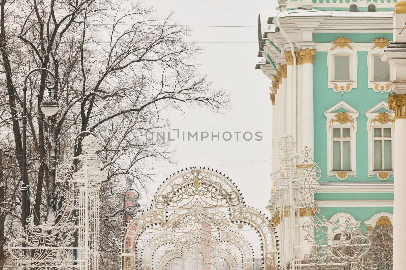 Christmas decoration of festive building of the Hermitage on square Palace in Russia - Saint Petersburg at snowfall by vladimirdrozdin