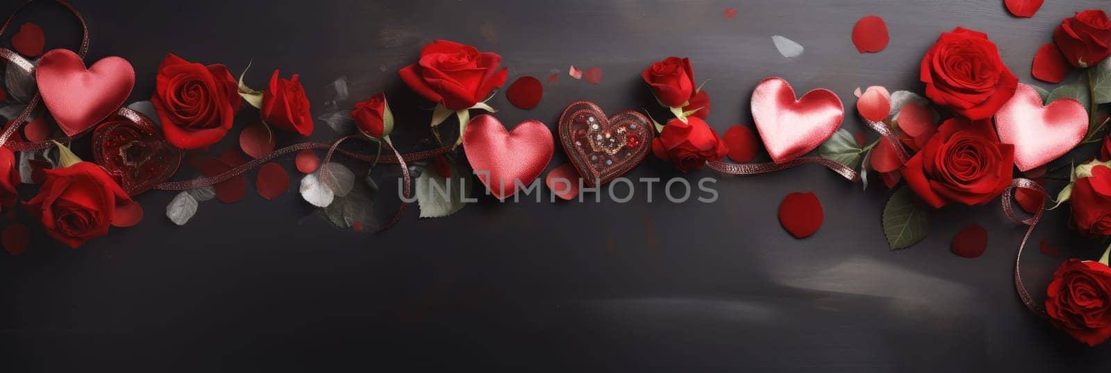 St. Valentines day, wedding banner with abstract illustrated red, pink flying hearts, roses on dark background. Use for cute love sale banners, vouchers or greeting cards. Concept love, copy space