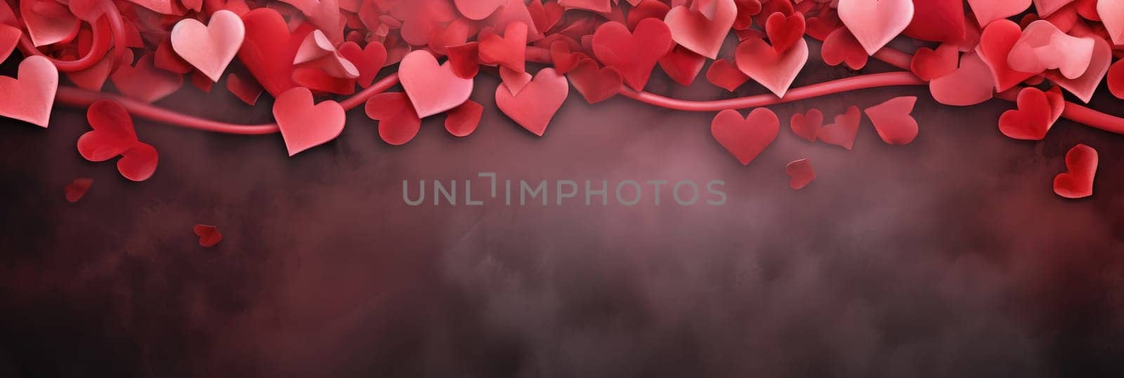 St. Valentines day, wedding banner with abstract illustrated red, pink flying hearts on pink grey background. Use for cute love sale banners, vouchers or greeting cards. Concept love, copy space