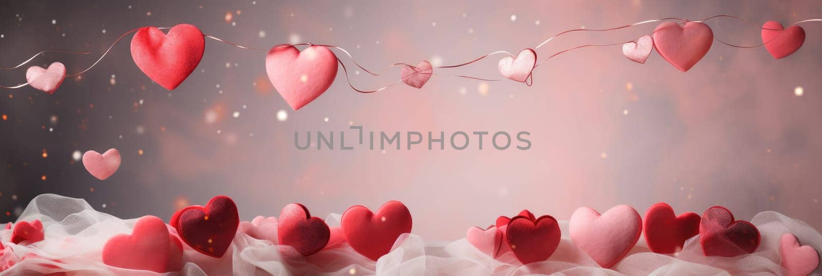 St. Valentines day, wedding banner with abstract illustrated red, pink flying hearts on pink grey background. Use for cute love sale banners, vouchers or greeting cards. Concept love, copy space. by Angelsmoon