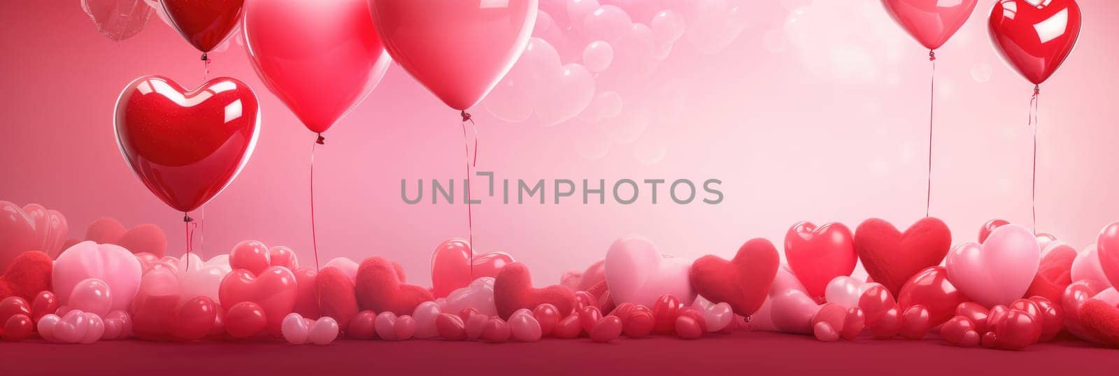St. Valentines day, wedding banner with abstract illustrated red, pink flying hearts ballons on pink background. Use for cute love sale banners, vouchers or greeting cards. Concept love, copy space. by Angelsmoon