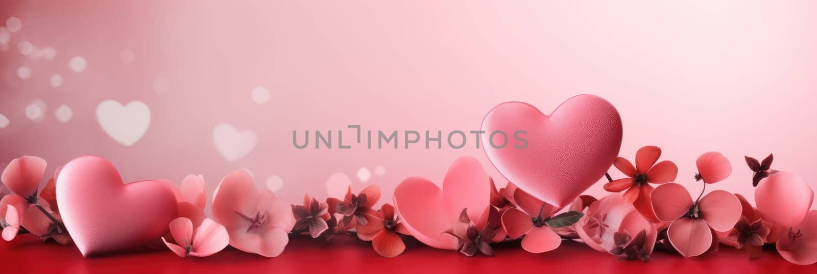 St. Valentines day, wedding banner with abstract illustrated red, pink flying hearts, flowers on pink background. Use for cute love sale banners, vouchers or greeting cards. Concept love, copy space. by Angelsmoon