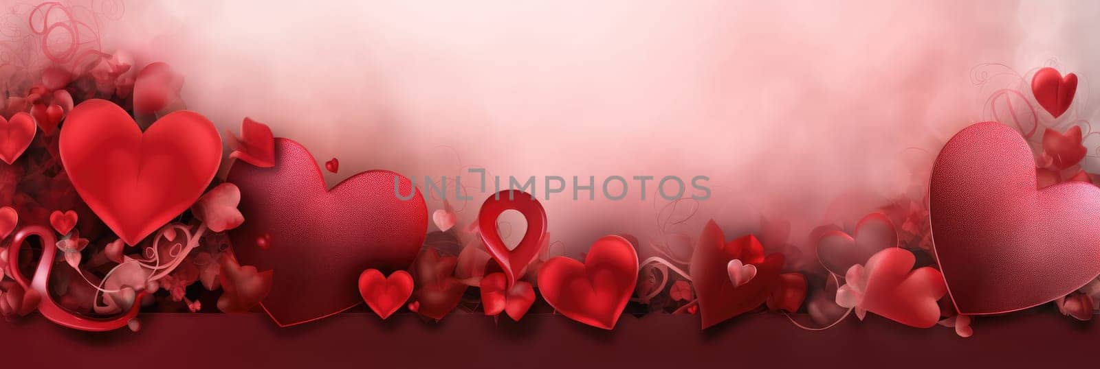 St. Valentines day, wedding banner with abstract illustrated red, pink flying hearts on pink bokeh background. Use for cute love sale banners, vouchers or greeting cards. Concept love, copy space