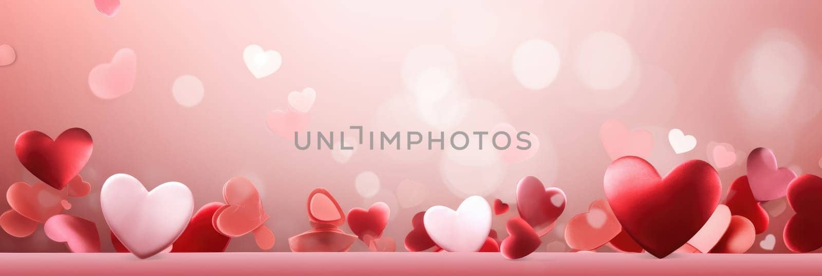 St. Valentines day, wedding banner with abstract illustrated red, pink flying hearts on pink bokeh background. Use for cute love sale banners, vouchers or greeting cards. Concept love, copy space. by Angelsmoon