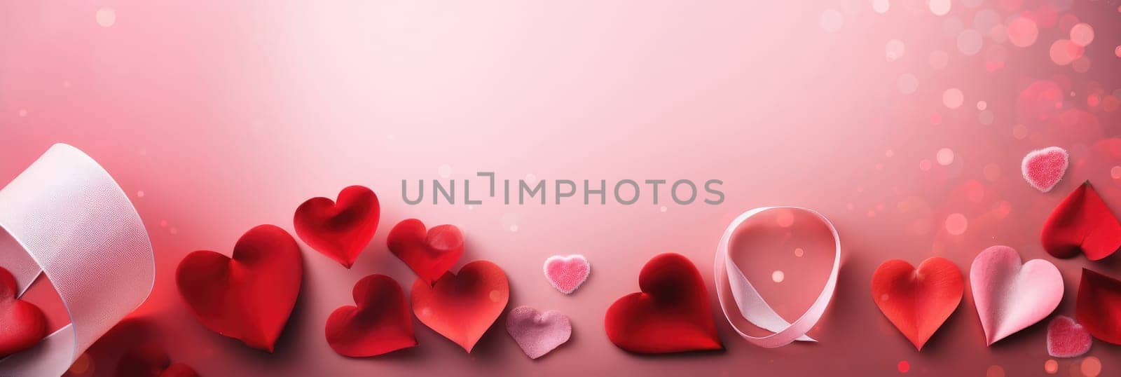 St. Valentines day, wedding banner with abstract illustrated red, pink flying hearts on pink bokeh background. Use for cute love sale banners, vouchers or greeting cards. Concept love, copy space