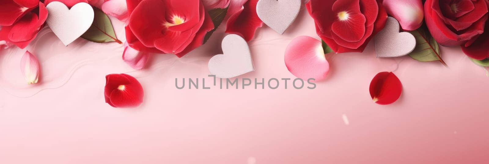 St. Valentines day, wedding banner with abstract illustrated red, pink flying hearts, flowers on pink background. Use for cute love sale banners, vouchers or greeting cards. Concept love, copy space. by Angelsmoon