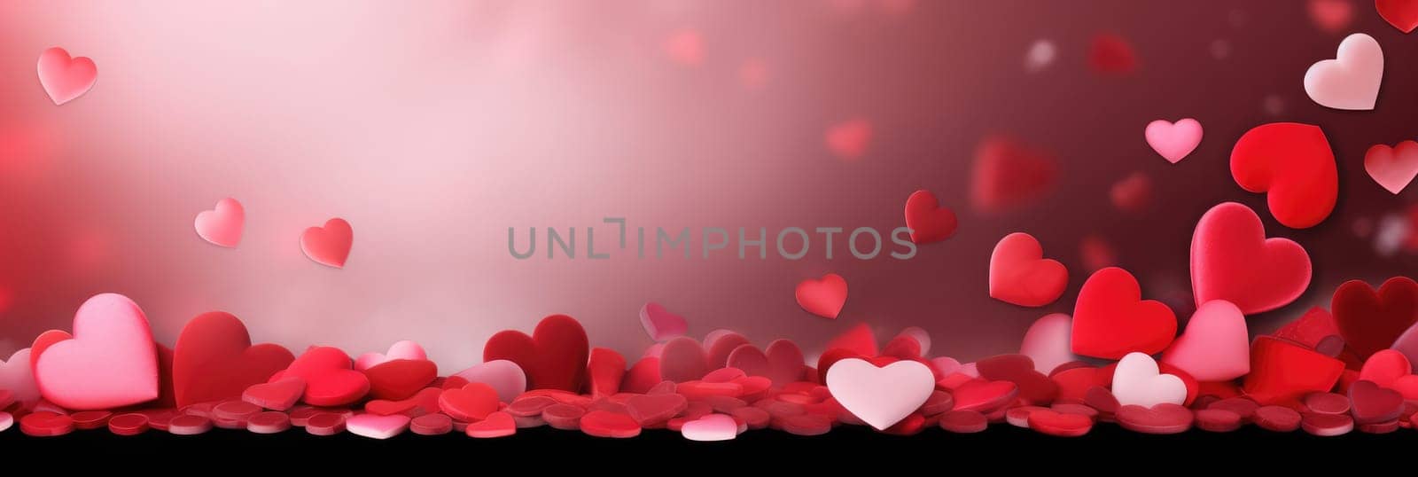 St. Valentines day, wedding banner with abstract illustrated red, pink flying confetti hearts on pink background. Use for cute love sale banners, vouchers or greeting cards. Concept love, copy space