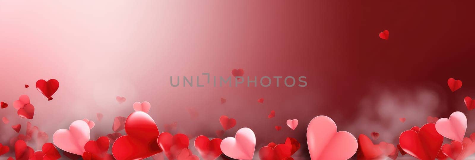 St. Valentines day, wedding banner with abstract illustrated red, pink flying hearts on pink grey background. Use for cute love sale banners, vouchers or greeting cards. Concept love, copy space