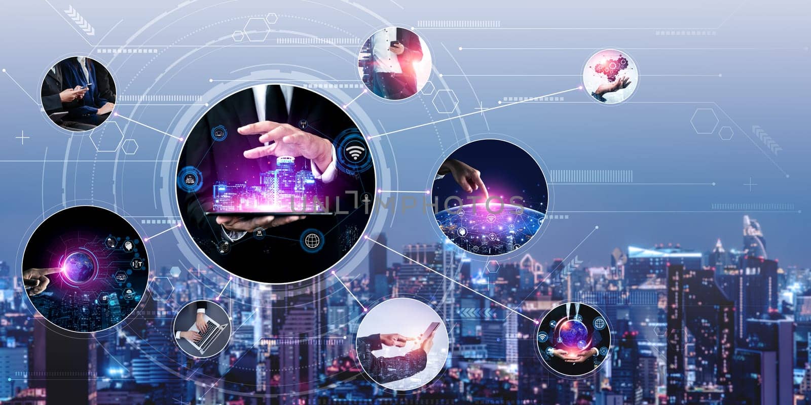 Communication technology , smart connection IOT and people network technology concept. People using connective device to connect to the secured internet network and cloud computing server vexel