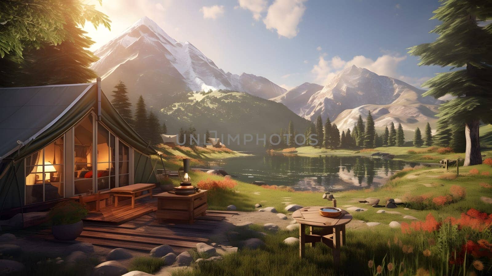 fancy camping tent between mountains, generative ai. High quality photo