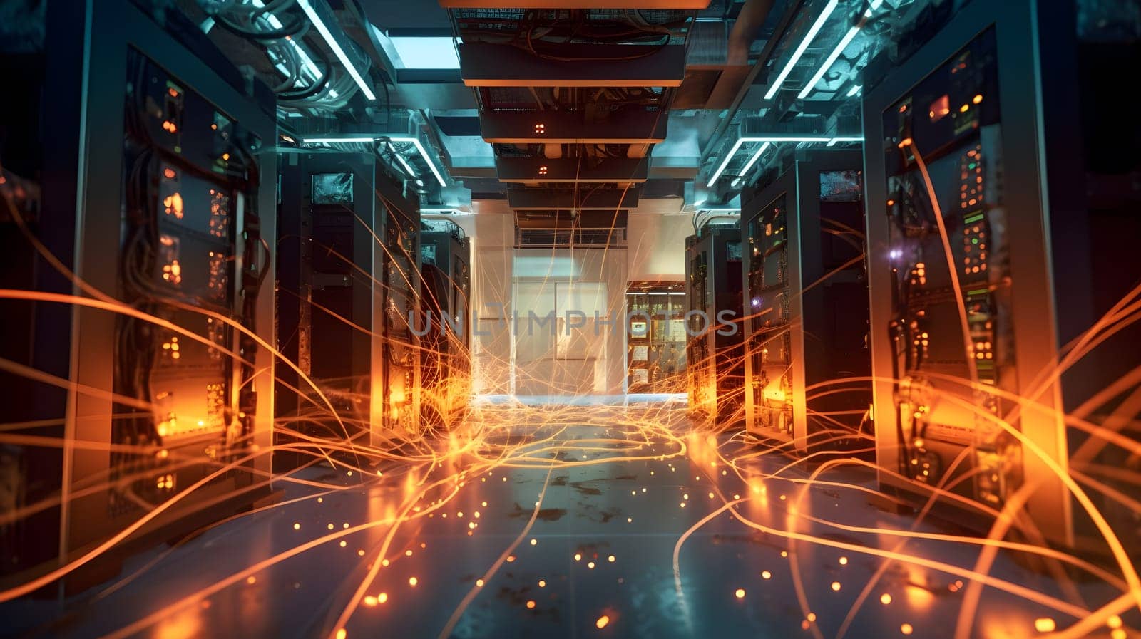 mystical data center with servers and thick cable harnesses, generative ai. High quality photo