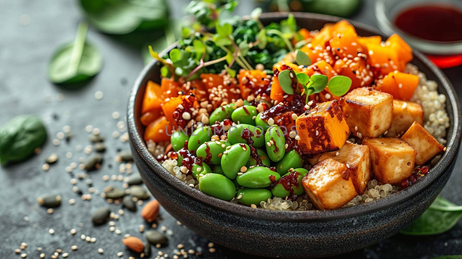 Vegetarian bowl with pumpkin, quinoa, spinach, edamame, tofu. AI generated. by OlgaGubskaya