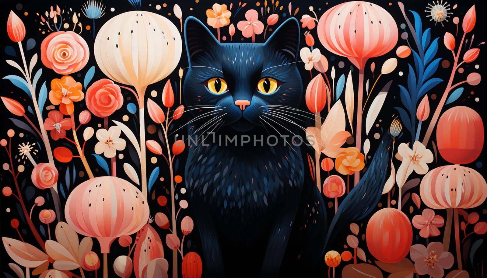 Pretty Cartoon With black cat and tropical flowers design background. Flat lay. Colorful spring flowers. by Annebel146