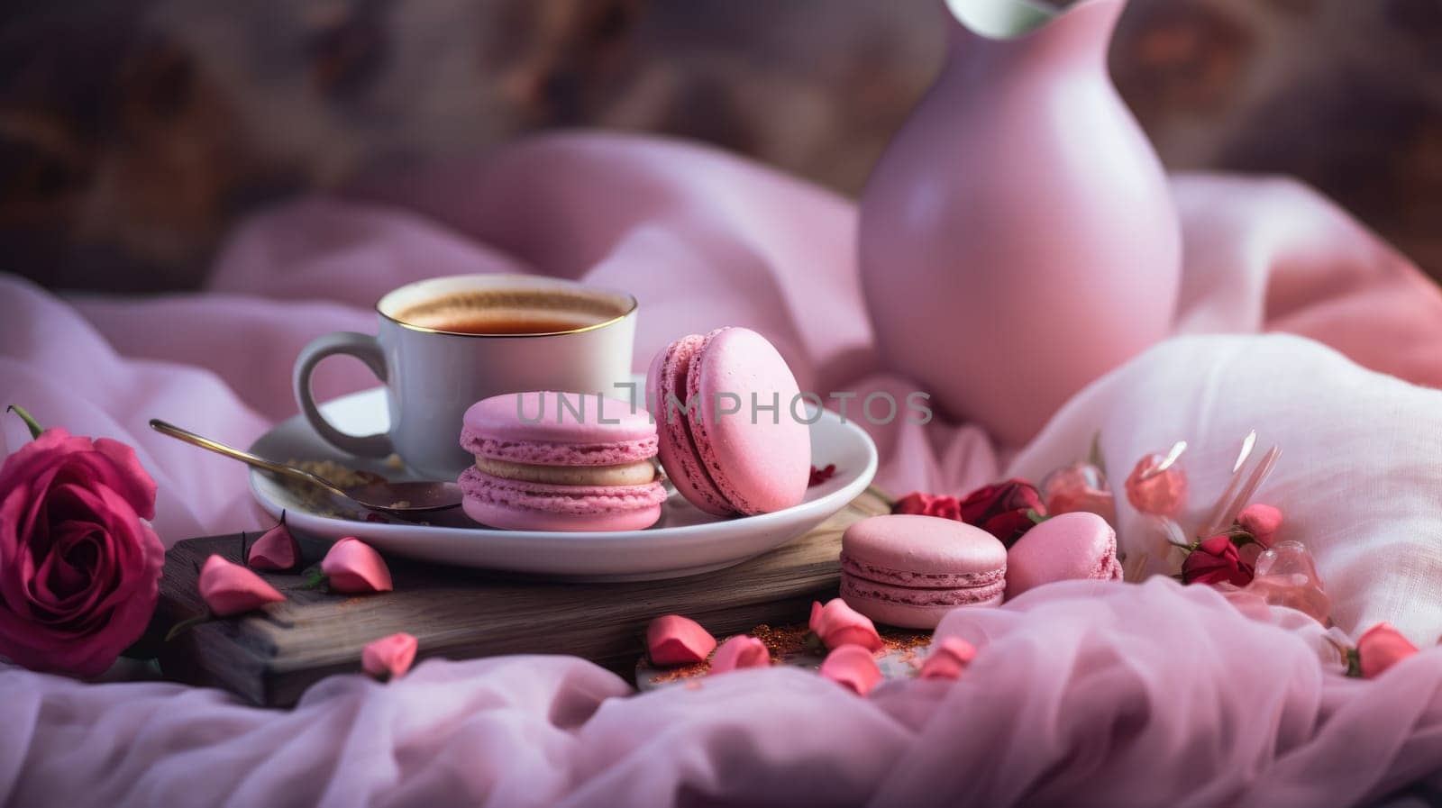 Breakfast in bed for Valentine's Day, tea and pink macaron, blurred background by natali_brill