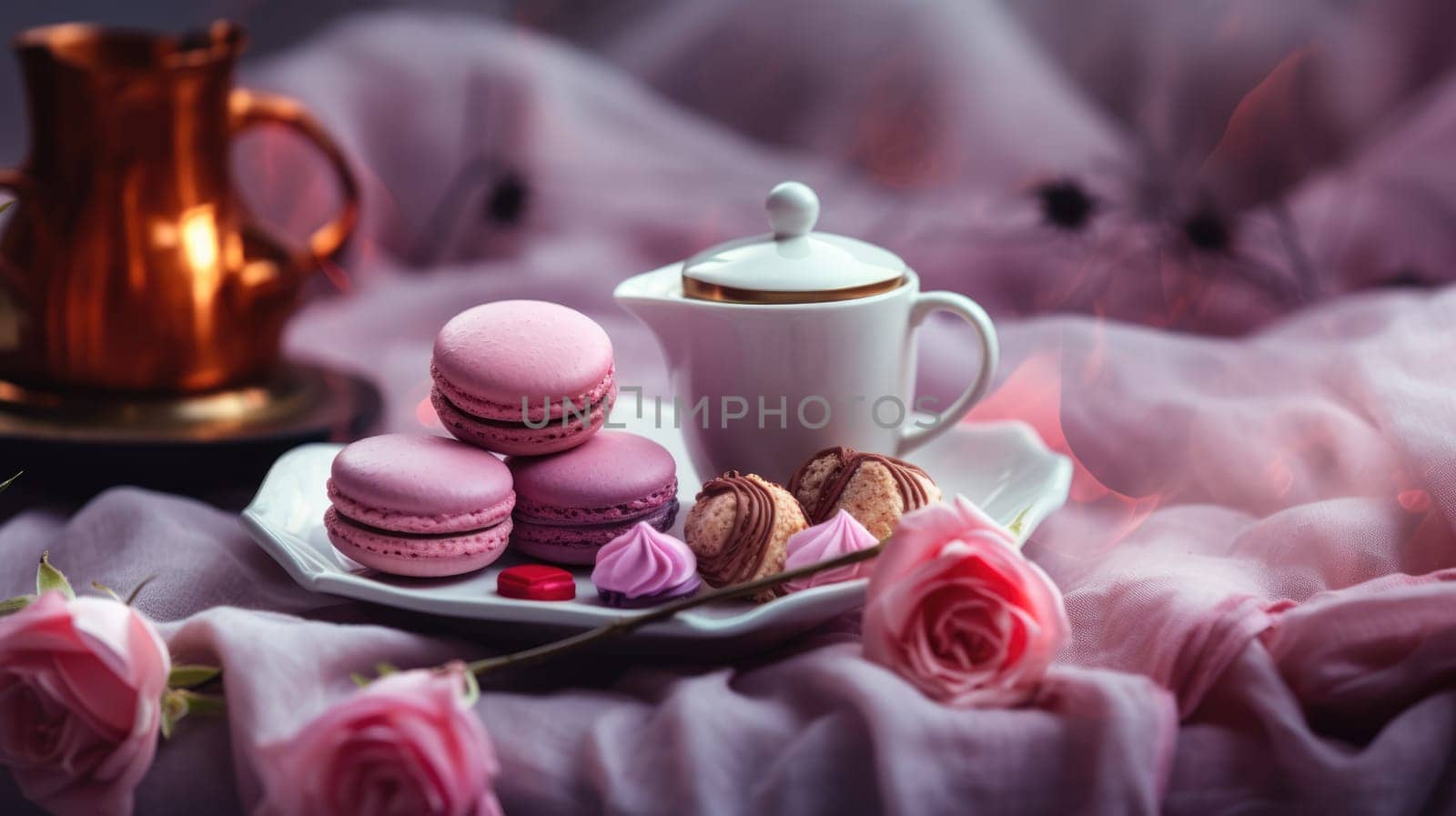 Breakfast in bed for Valentine's Day, tea and pink macaron, blurred background by natali_brill