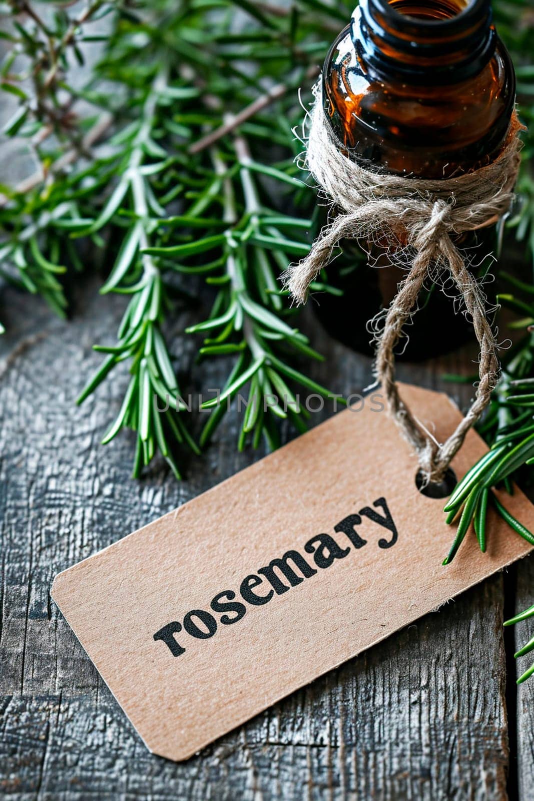 Rosemary essential oil in a bottle. Selective focus. by yanadjana