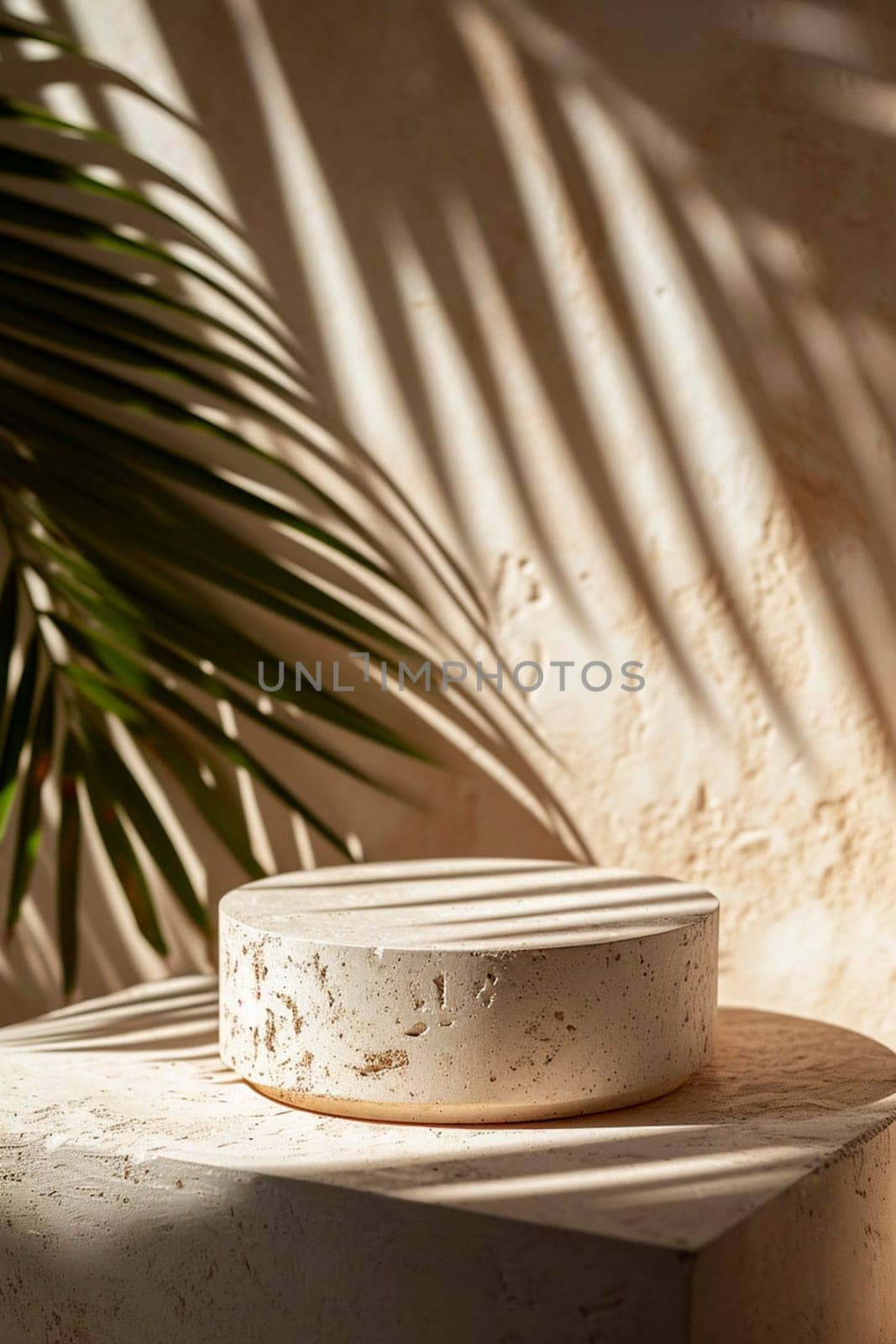 Podium for cosmetic products and palm leaves. Selective focus. by yanadjana