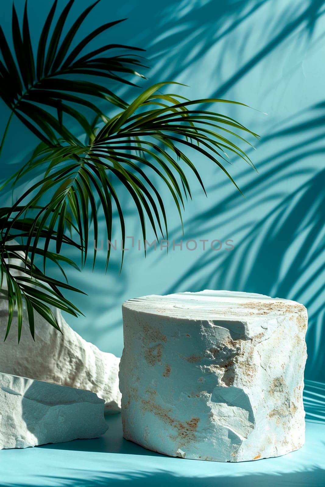 Podium for cosmetic products and palm leaves. Selective focus. Spa.