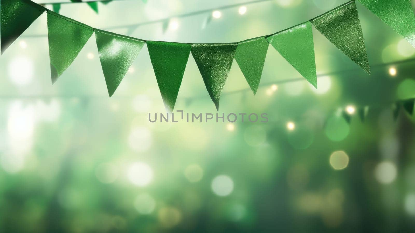 Green flags garland on a blurred background. Festive garland with lights by natali_brill