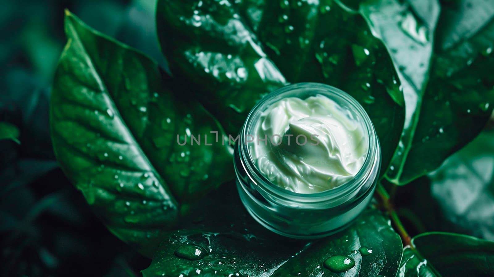 Cosmetics cream on a background of leaves. Selective focus. . by yanadjana