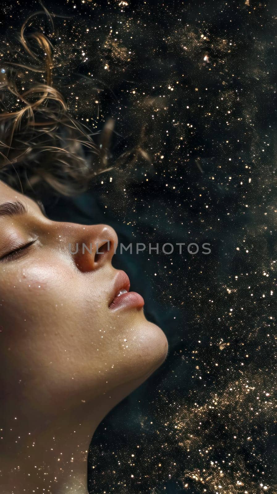 dreamlike scene of a woman's profile with her eyes gently closed, merged with a cosmic backdrop filled with stars, suggesting a peaceful slumber under a starry sky. by Edophoto