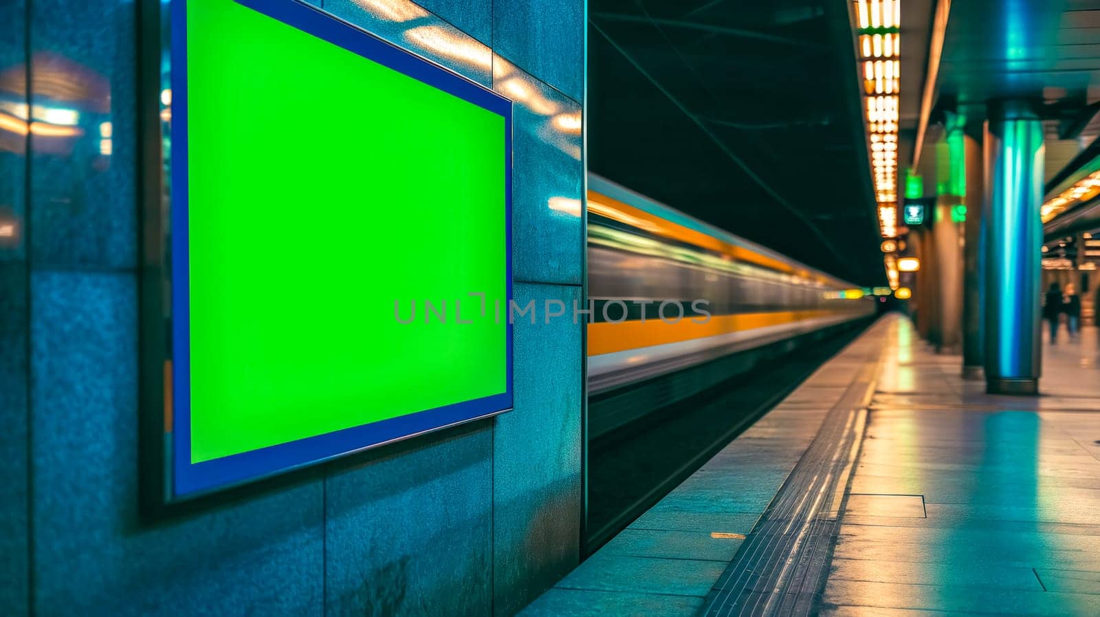 modern metro station with a motion-blurred train passing by, featuring a vivid green screen on a billboard, ready for advertising, against a backdrop of warm lights and cool-toned infrastructure.