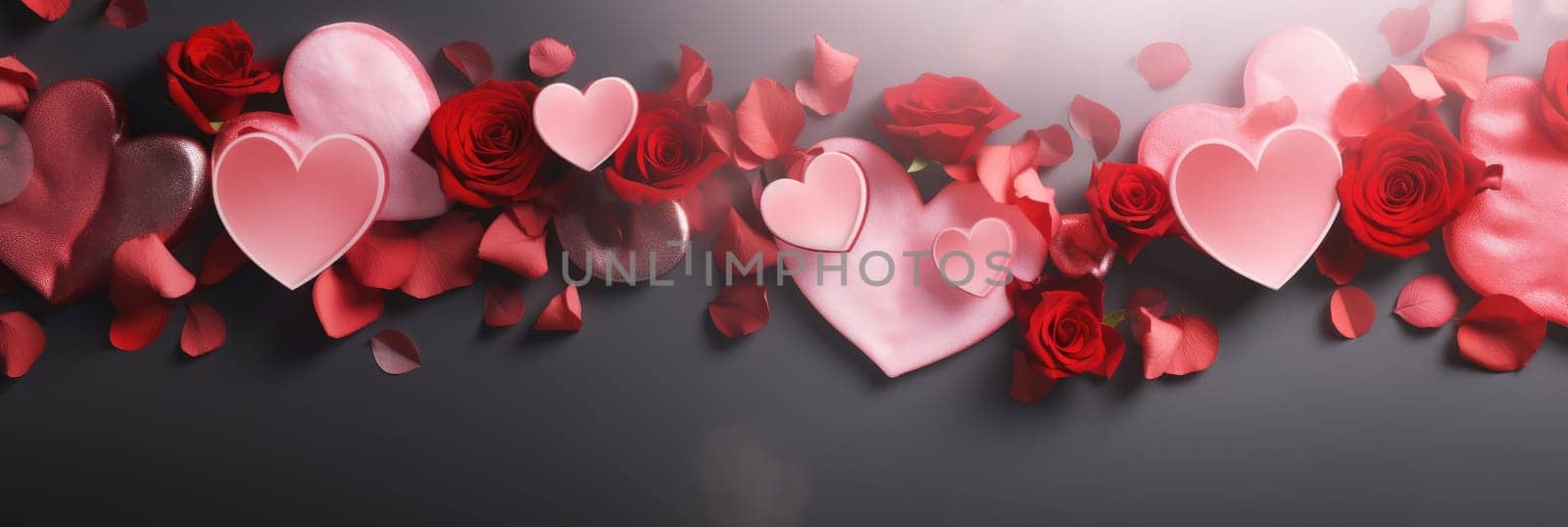 St. Valentines day, wedding banner with abstract illustrated red, pink flying hearts, roses on dark background. Use for cute love sale banners, vouchers or greeting cards. Concept love, copy space