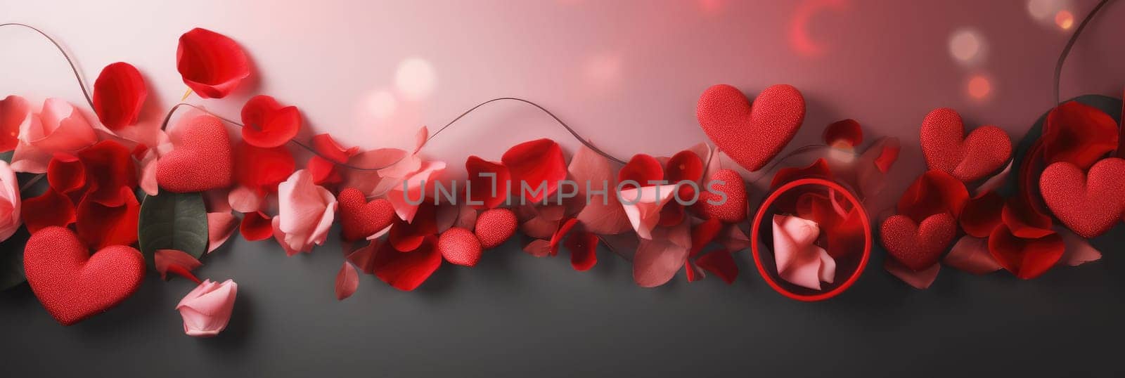 St. Valentines day, wedding banner with abstract illustrated red, pink flying hearts on pink grey background. Use for cute love sale banners, vouchers or greeting cards. Concept love, copy space. by Angelsmoon