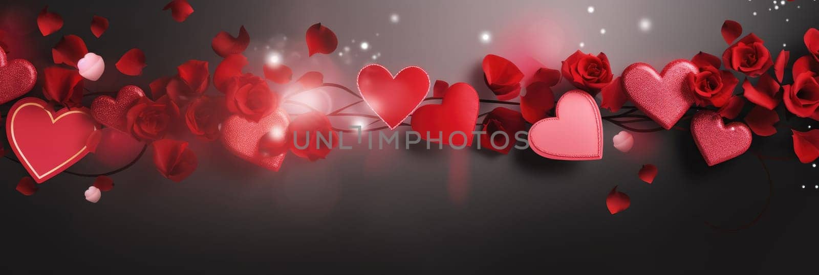 St. Valentines day, wedding banner with abstract illustrated red, pink flying hearts, roses on dark background. Use for cute love sale banners, vouchers or greeting cards. Concept love, copy space